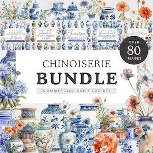 Chinoiserie vaas clipartbundel, aquarel chinoiserie gemberpot illustraties, woondecoratie graphics, vazen met bloemen png, blauw en wit