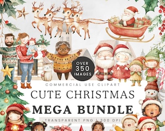 Cute Christmas Clipart Bundle, Watercolor Xmas Santa Claus PNG, Sweet Holiday Clip Art, Nursery Graphic Illustration, Family Christmas Day