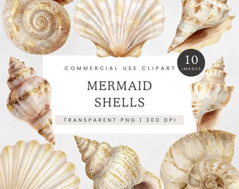 Mermaid Shell Clipart, Seashell PNG Set with Gold Accents, Ocean Fantasy Digital Art, Transparent Shell Graphics for Junk Journal and Craft