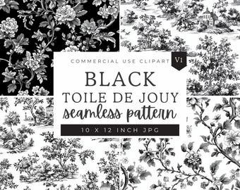 Black Toile De Jouy Digital Paper, Seamless Vintage Floral Pattern Paper, Chinoiserie Style Design, Black and White Backgrounds
