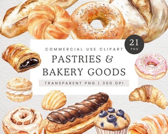 Pastries Clipart, Bakery Shop Goods Clip Art, Croissant PNG, Danish Pastry Graphics, Dessert Food Clipart, Patisserie Desserts Images