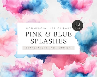 Gender Reveal Watercolor Washes Clipart, Pink and Blue Texture Backgrounds, Pink or Blue Paint Splashes PNG, Invitation Design Clipart