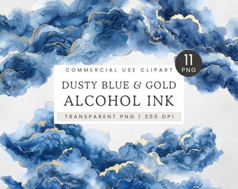 Alcohol Ink Splash Clipart, Dusty Blue & Gold Splash Clip Art, Paint Spatter PNG, Watercolor Abstract Design, Background Image Invitations