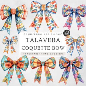 Clipart de Talavera Mexicana, Laços Coloridos de Talavera Coquette PNG, Conjunto de Clip Art de Padrão Mexicano, Laço de Cabelo em Aquarela, Ilustração de Fita