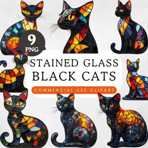 Stained Glass Black Cat Clipart | Black Cat Sublimation Designs | Animal Lover Gifts | Commercial Licence | Digital Download