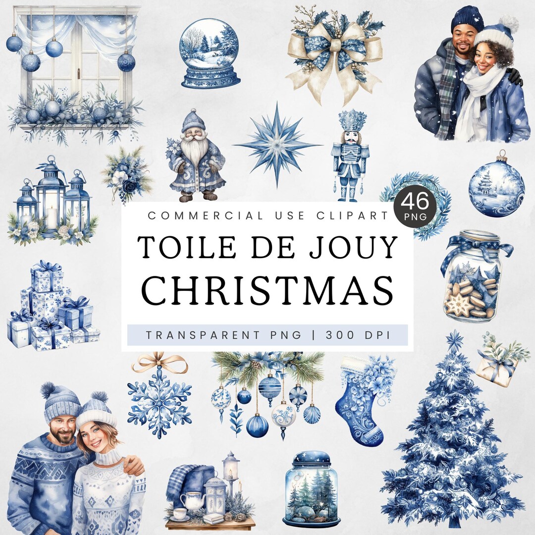 Christmas Toile Clipart, Grandmillennial Xmas PNG, Blue and White ...