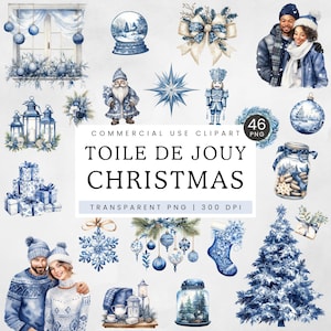 Clipart Bożonarodzeniowy Toile, Grandmillennial Xmas PNG, Niebiesko-biały Chinoiserie, Wieńce, Prezenty, Dzieci, Clipart Sezonu Świątecznego, Kwiaty