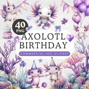 Axolotl Geburtstag PNG | Aquarell Clipart Bundle | Kinderzimmer Dekor | Sublimationsgrafik | Süße Tiere Illustration | Lila Mädchenparty