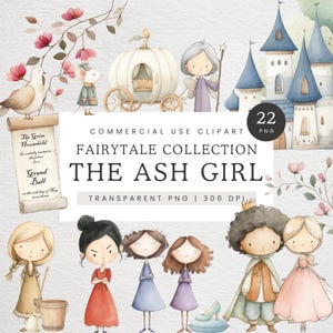 Clip art de La pequeña Ceniza, clipart de cuento de hadas, princesa acuarela PNG, ilustración de cuento de hadas, gráficos de cuentos mágicos