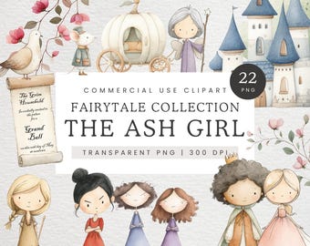 The Little Ash Girl Clip Art, Cute Fairytale Clipart, Watercolor Princess PNG, Fairy Tale Illustration, Magical Storybook Graphics