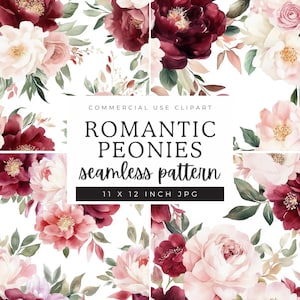 Burgunder und rotes Blumen-Digital-Papier, Aquarell-Pfingstrosen-nahtlose Muster, Scrapbooking-Papier Decoupage-Ephemera, Einladungs-Hintergrund