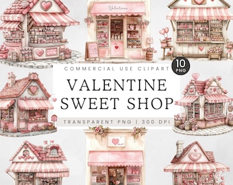 Candy Shop Clipart, Valentine Sweets Shop Transparent PNG, Watercolor Cute Candy Store Clip Art, Pastel Candy Storefront, Pink Candy Hearts