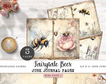Bees Fairytale Junk Journal Pages, 3 Fairy Tale Garden Printable Digital Papers, Vintage Nature Collage Sheet, Paper Craft 11 x 8.5 JJPFTD