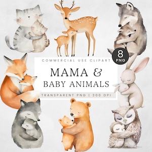 Clipart animaux maman et bébé, mignon clipart fête des mères, aquarelle famille d'animaux PNG, art mural chambre d'enfant, Illustration maman et bébé