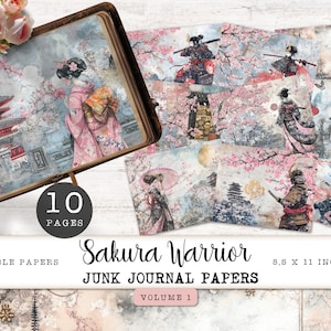 Papeles digitales para diario basura samurái, 10 páginas imprimibles de guerreros Sakura, hoja de collage de flores de cerezo japonesas, manualidades de papel de 11 x 8,5 JJPSW