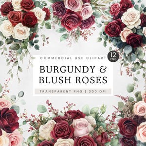Bourgondië en blozen bloemen clipart, aquarel bloemen collectie illustraties, bruiloft rozen png, krans, boeketten, randen illustratie