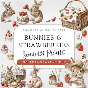 Lapin aux fraises | Pique-nique estival de lapin PNG | Art mural pour chambre d'animaux | Faire-parts baby shower et anniversaire | Utilisation commerciale