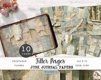 Página de relleno verde salvia, collage de diario basura, 10 hojas de papel digital con textura grunge, cartón de periódico antiguo vintage desgastado, 11 x 8,5 JJPFP