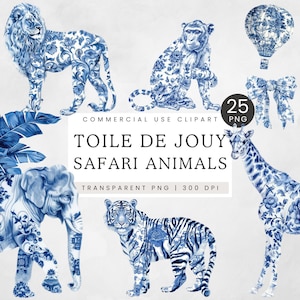 Blauwe toilettas safari babyshower | Franse Toile De Juoy | Chinoiserie Afrikaanse wilde dieren | Elegant bloemendecor | Muurkunst | Commercieel gebruik