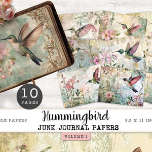Papeles digitales para diario basura Hummingbird, 10 páginas imprimibles de naturaleza, hoja de collage de pájaros y flores, papel vintage para manualidades, 11 x 8,5 JJPHB