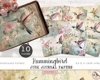 Hummingbird Junk Journal Digital Papers, 10 Nature Printable Pages, Bird and Floral Collage Sheet, Vintage Paper Craft 11 x 8.5 JJPHB