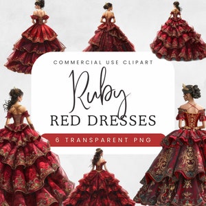 Rubinrot Quinceaño Kleid Clipart | Juwel rote Prinzessin Kleid Clipart | Formelle Mode | Geburtstags-Party-elegante Abendgarderobe