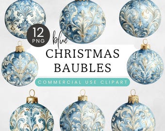 Christmas Bauble Clipart, Watercolor Ornaments PNG, Blue Cream Gold Damask Rococo, Digital Crafts Clip Art, Holiday Decor Invitations