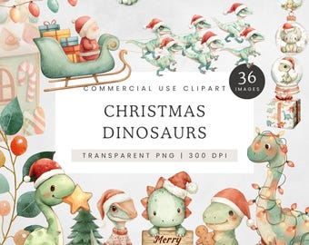 Christmas Dinosaur Clipart Set, Cute Xmas T-Rex PNGs with Santa Hats, Holiday Watercolor Dinosaurs Clip Art, Christmas Tree Brontosaurus PNG