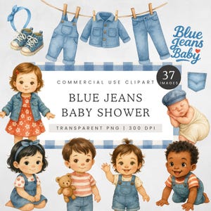 Blue Jean Clipart, Denim Baby Clip Art, Boy Baby Clothesline PNG, Denim Baby Shower Graphics, Blue Jeans Baby Images, Denim Baby Hair Bow