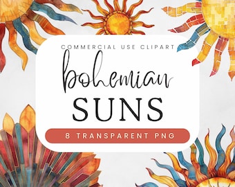 Sol bohemio, clipart de verano celestial, acuarela, sol PNG, clip art digital para guardería, decoración de pared, diseño gráfico de invitación