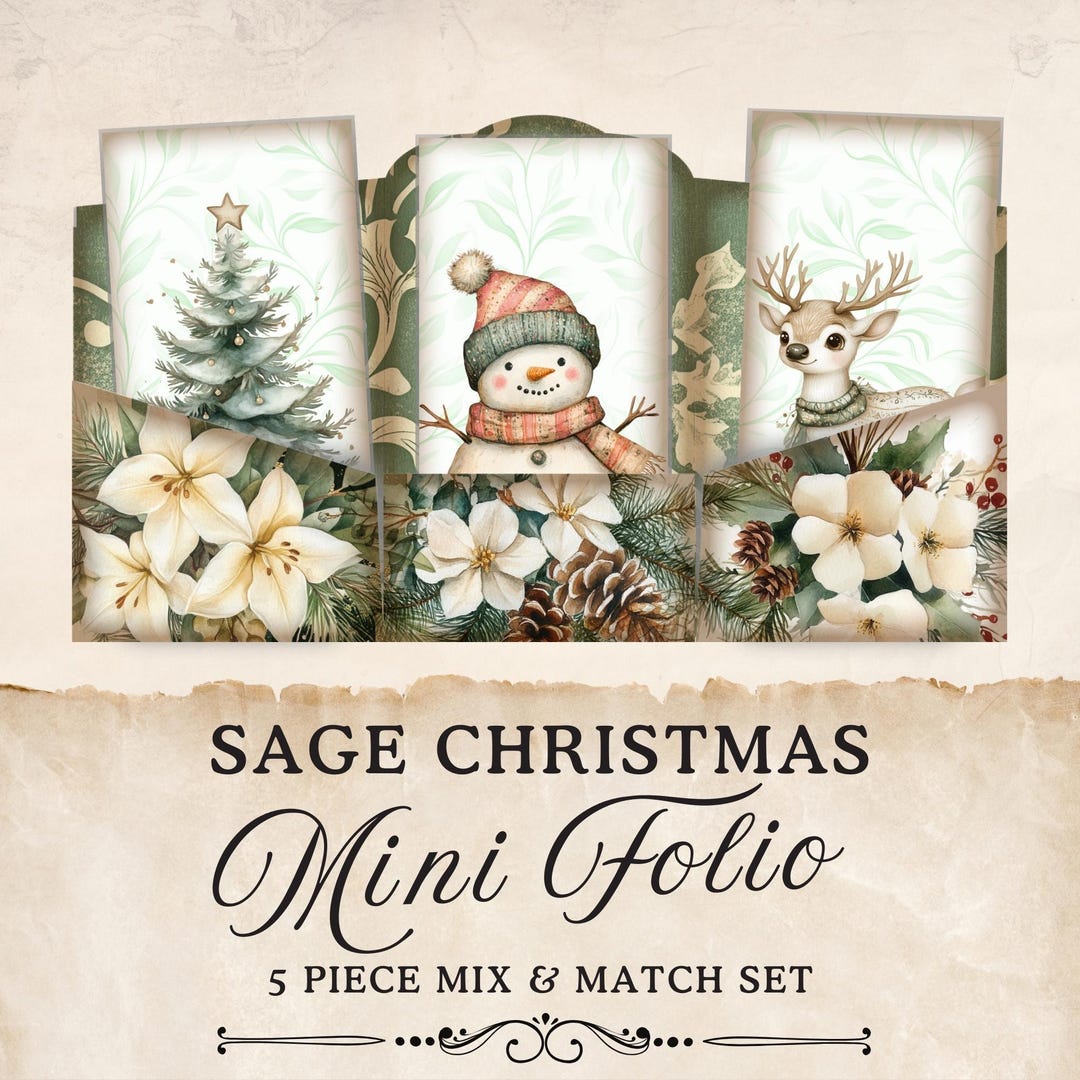 Sage Green Christmas Junk Journal Folio Kits | 5 Piece Trifold Folio ...