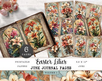 Art Deco Junk Journal Pages, 6 Colourful Easter Lilies Printable Digital Papers, Vintage Nature Collage Sheet, Paper Craft 11 x 8.5 JJPADEL