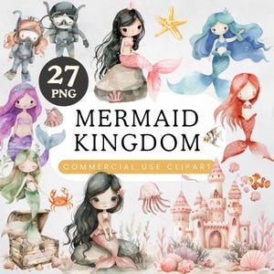 Mermaid Theme Clipart | Girl Birthday Party PNG | Underwater Kingdom | Cute Mermaids for Junk Journal | Pastel Watercolour Bundle