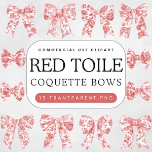 Leichte rote Toile Schleife Clipart | Vintage französische Toile De Juoy | Kokette Bögen PNG | Baby-Dusche-Bänder | Kommerzielle Nutzung Clip Art