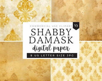 Damask Pattern Digital Paper, Gold Shabby Chic Distressed Texture Patterns, Scrapbooking Paper Decoupage Ephemera, Fleur De Lis