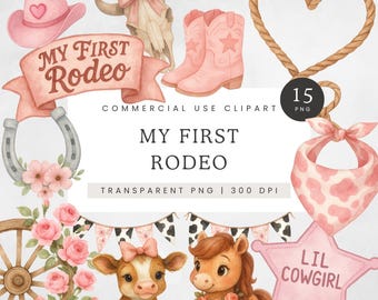 My First Rodeo Clipart, Cute Cowgirl Baby Shower Clip Art, Pink Cow Girl PNG, Wild West Birthday Graphics, Western Cowboy Birthday Images