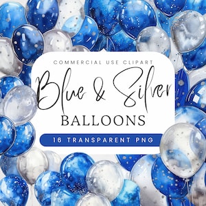 Clipart koningsblauwe en zilveren ballonnen | Glitterfeestballonnen, png PNGEgg | Digitale blauwzilveren verjaardagsuitnodiging | Ballonnenstickers
