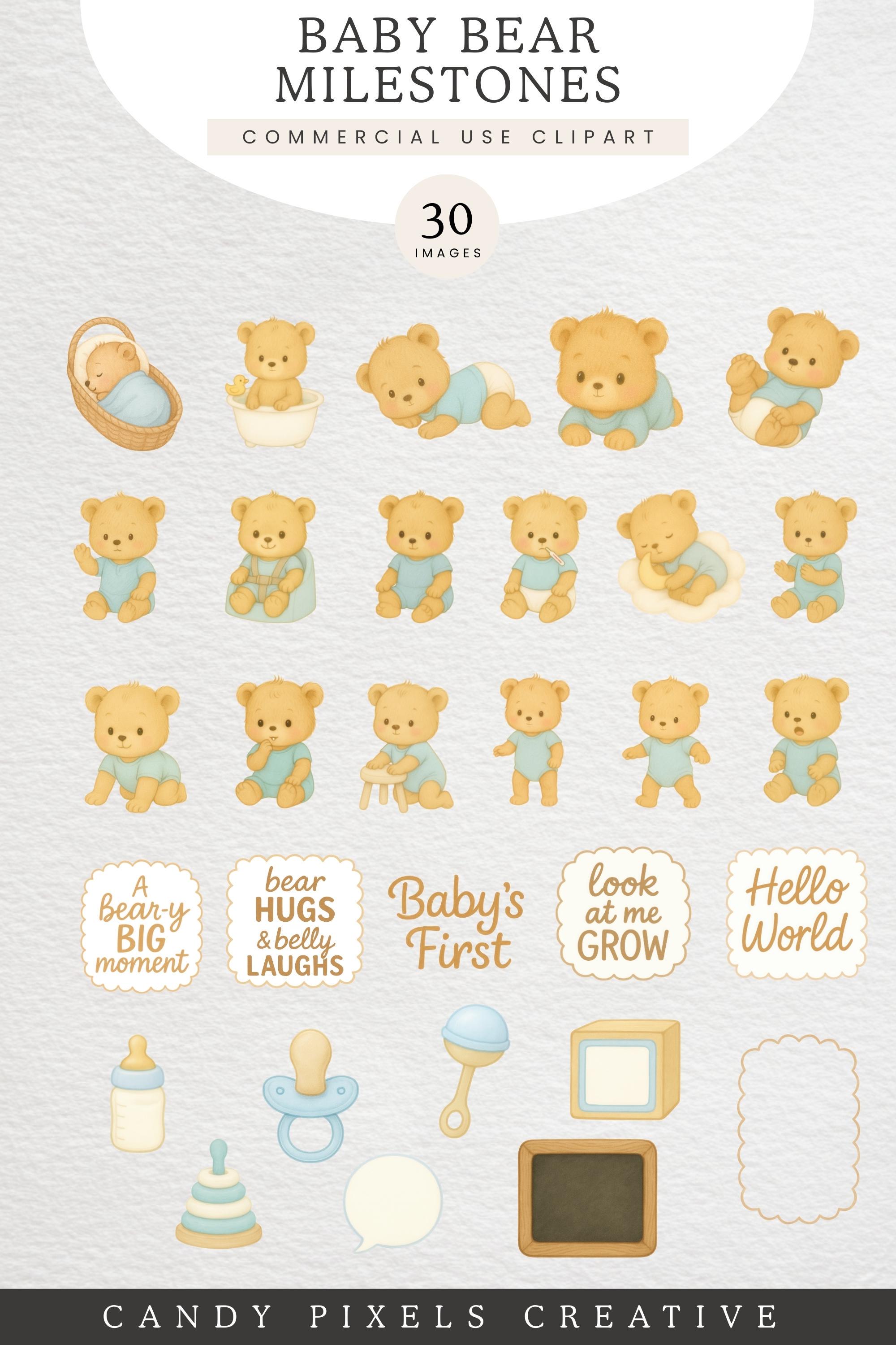 Baby Milestone Clipart, Baby's First Year Clip Art, Blue Teddy Bear ...