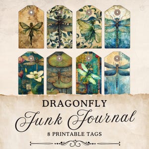 Dragonfly Junk Journal Printables Tags | Vintage Digital Scrapbooking Collage | Ephemera, Luggage, Gift Tags, Shabby Chic Digi Kit | JJ001