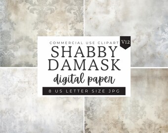 Damask Pattern Digital Paper, Silver Shabby Chic Distressed Texture Patterns, Scrapbooking Paper Decoupage Ephemera, Fleur De Lis