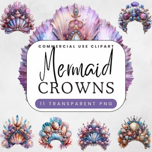 Clipart de coroa de sereia | Tiara de festa de aniversário de princesa | PNG para impressão digital | Uso comercial | Conchas de aquarela e vidro marinho