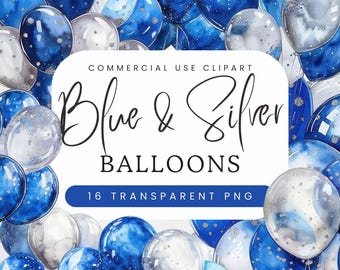 Royal Blue and Silver Balloons Clipart | Glitter Party Balloons PNG | Digital Blue Silver Birthday Party Invitation | Balloons Decals