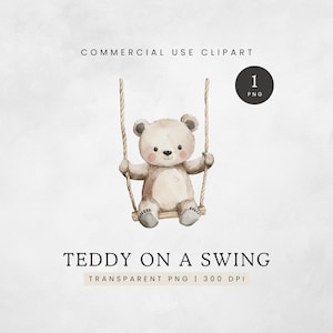 Ursinho de pelúcia em um balanço PNG, clipart fofo de urso bebê em aquarela, arte de berçário de urso balançando, clipart de ursinho neutro, uso comercial