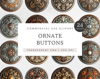 Ornate Vintage Button Clipart PNG Bundle, Victorian Metal Buttons, Decorative Embellishments for Junk Journals & Crafts