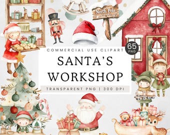 Santa Workshop Clipart, Christmas Watercolor PNG, Xmas Santa Claus, North Pole Clip Art, Christmas Elf, Santa's Work Shop, Illustration