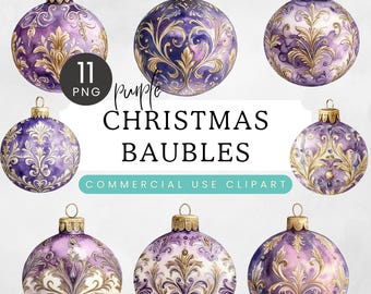 Christmas Bauble Clipart, Watercolor Ornaments PNG, Purple Cream Gold Damask Rococo, Digital Crafts Clip Art, Holiday Decor Invitations