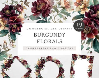 Burgundy & Rust Floral Clipart, Watercolor Maroon Wedding Flower Clipart, Fall Peony PNGs, Cream Wine Flowers, Floral Frames and Borders