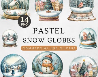 Snowglobe Clipart | Cute Christmas Snow Globes, Watercolour Pastel, Snow Man, Christmas Village, Christmas Tree, Town Square, Winter Holiday