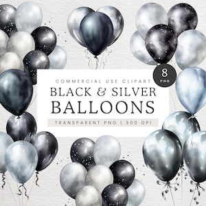 Black and Silver Balloon Clipart, Black Balloons Clip Art, Silver Balloons PNG, Glitter Foil Balloons, Celebration Graphics for Party