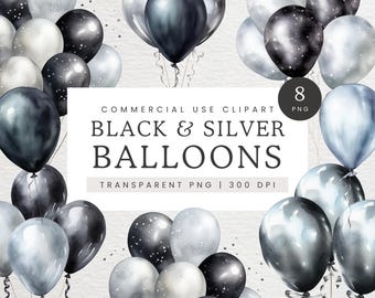 Black and Silver Balloon Clipart, Black Balloons Clip Art, Silver Balloons PNG, Glitter Foil Balloons, Celebration Graphics for Party
